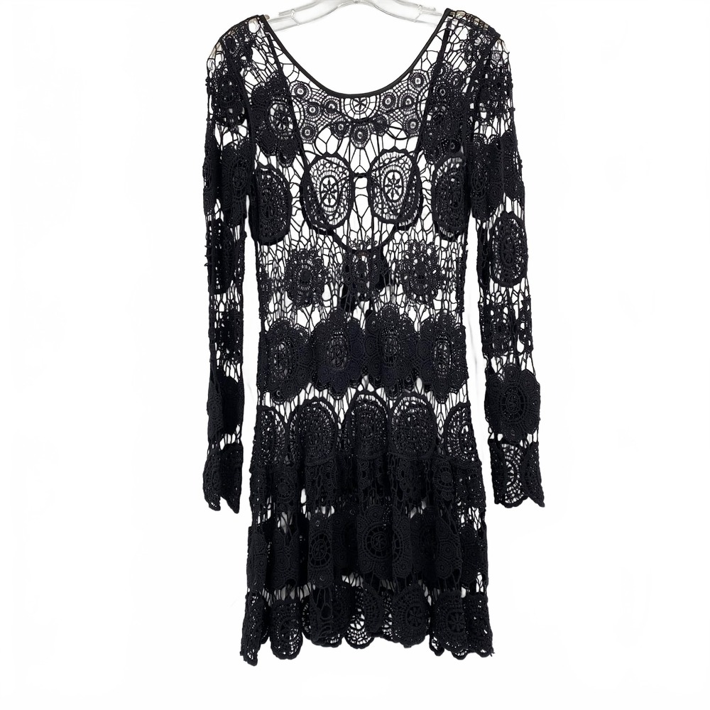 Free People Black Long Sleeve Lace Open Back Mini Dress